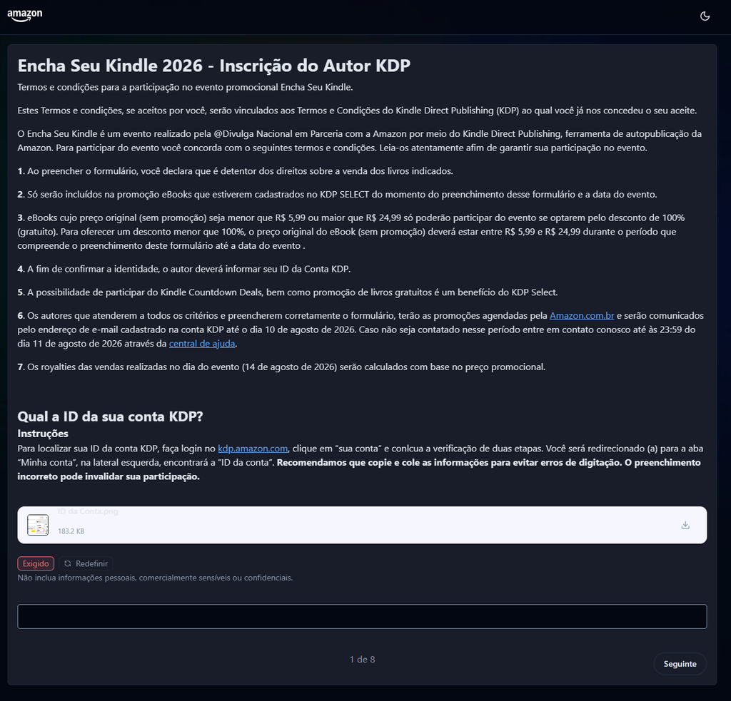 Tela do formulário oficial "Encha Seu Kindle 2026 - Inscrição do Autor KDP" mostrando os termos e condições do evento e o campo para inserir o ID da conta KDP